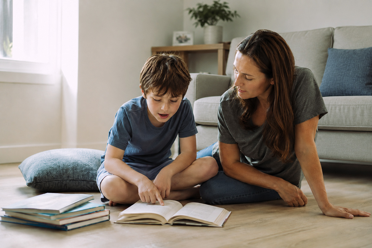 A mother and son reading a book together on the living room floor