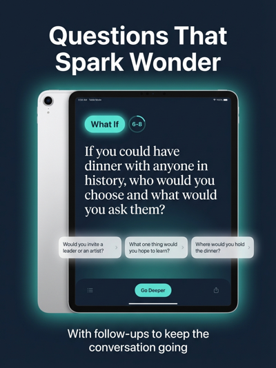 Family Conversations app on iPad showing a dinner table question with Go Deeper follow-up prompts