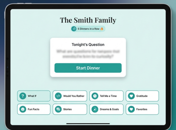 The Family Conversations app on a tablet showing a family dinner question