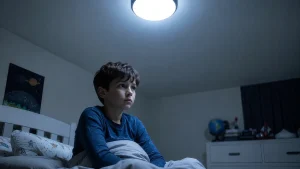 A child sitting awake in bed at night under a bright blue-white LED ceiling light