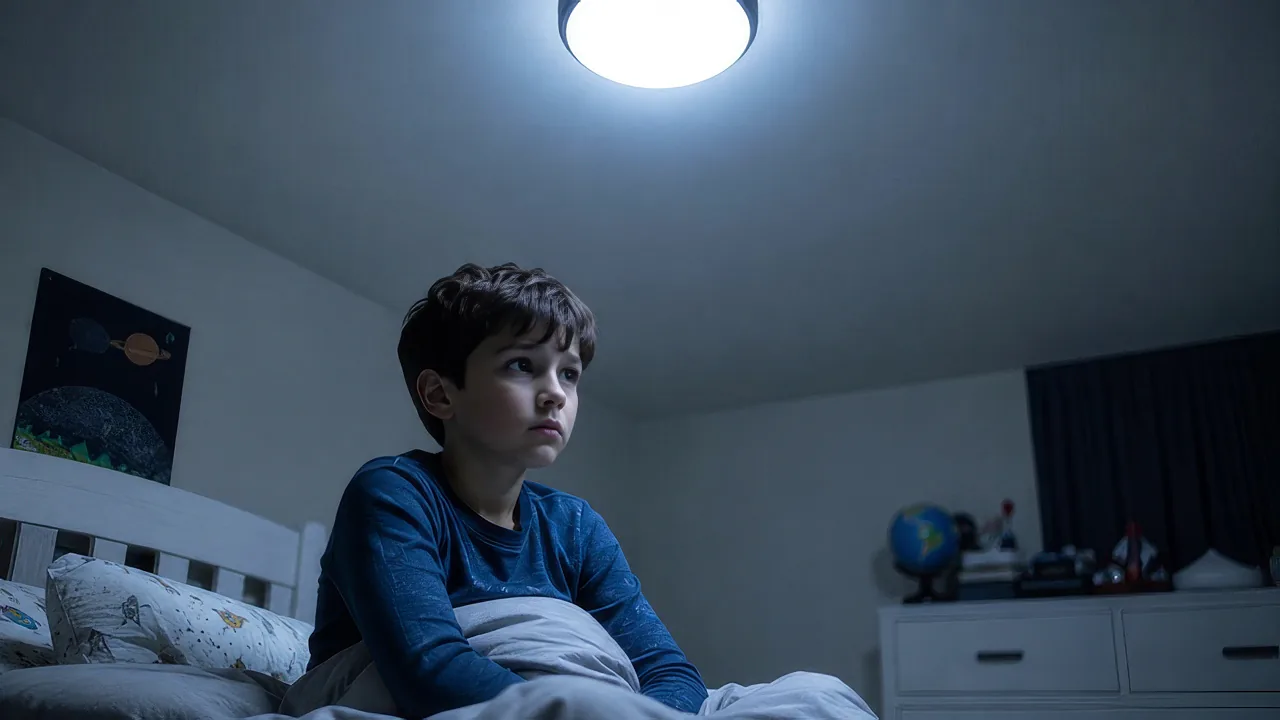 A child sitting awake in bed at night under a bright blue-white LED ceiling light